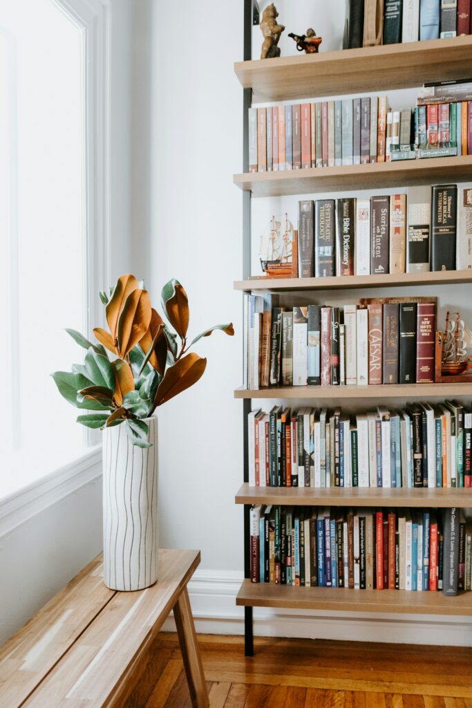 Espaço de leitura perto de uma janela com um belo jarro de planta, ao fundo uma prateleira repleta de livros.